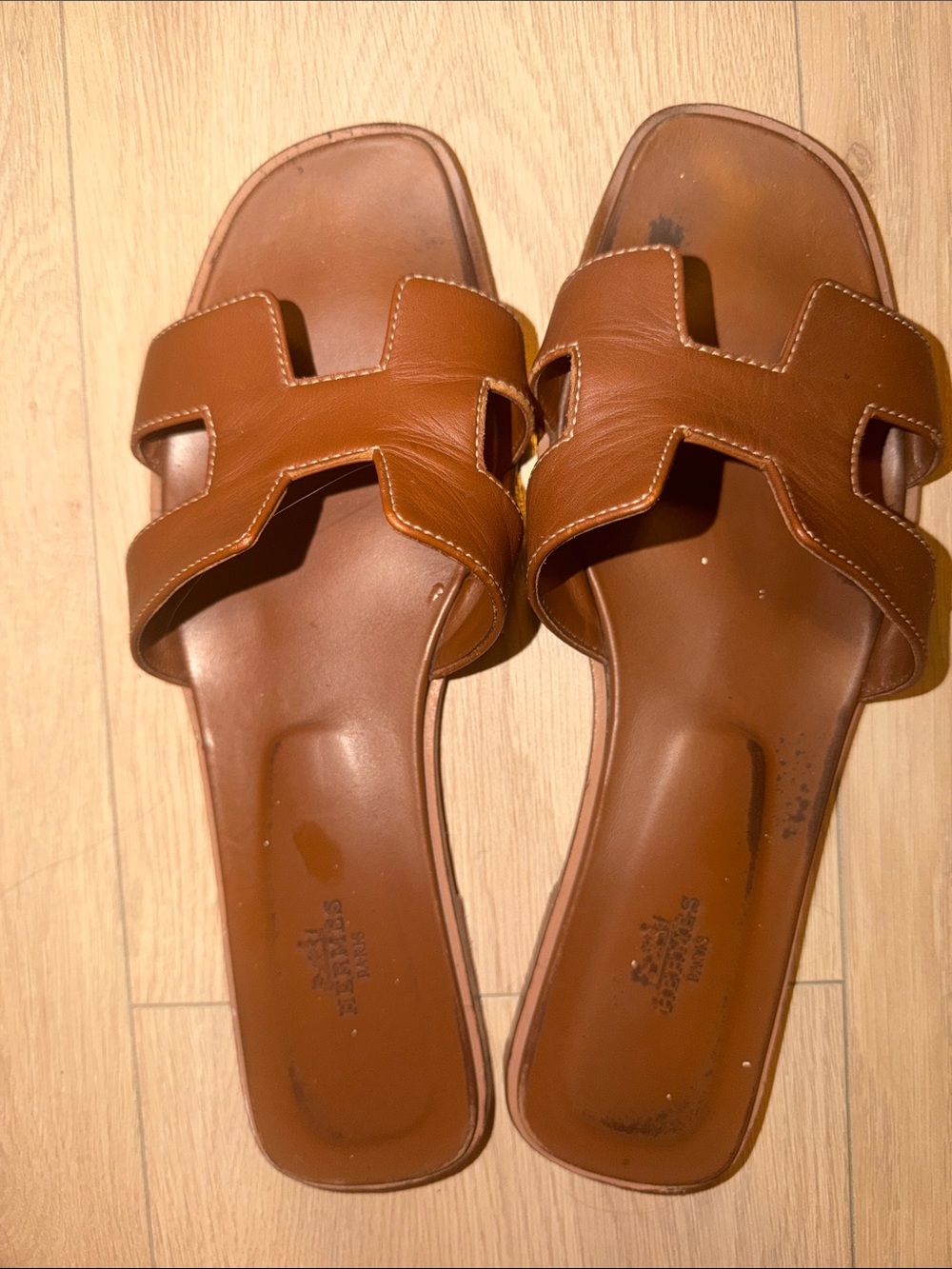 Hermes Oran Authentic Gold /Brown Leather Slide Sandals - Classic Women's Slides